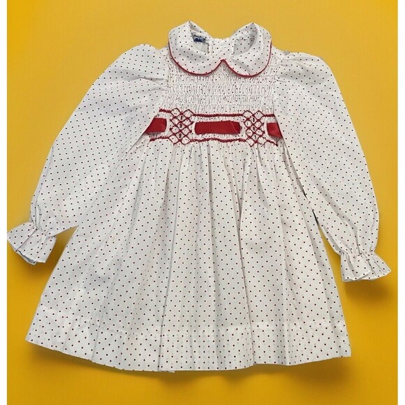 Polly Flinders Hand Smocked VTG Rose Embroidered Polka Dot Ribbon Modest Dress 4 - Picture 1 of 4